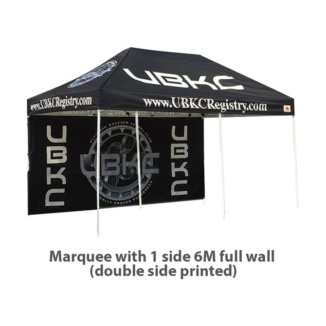 A large black marquee featuring one printed side wall and a logo. Sized at 3x6M (10x20ft).