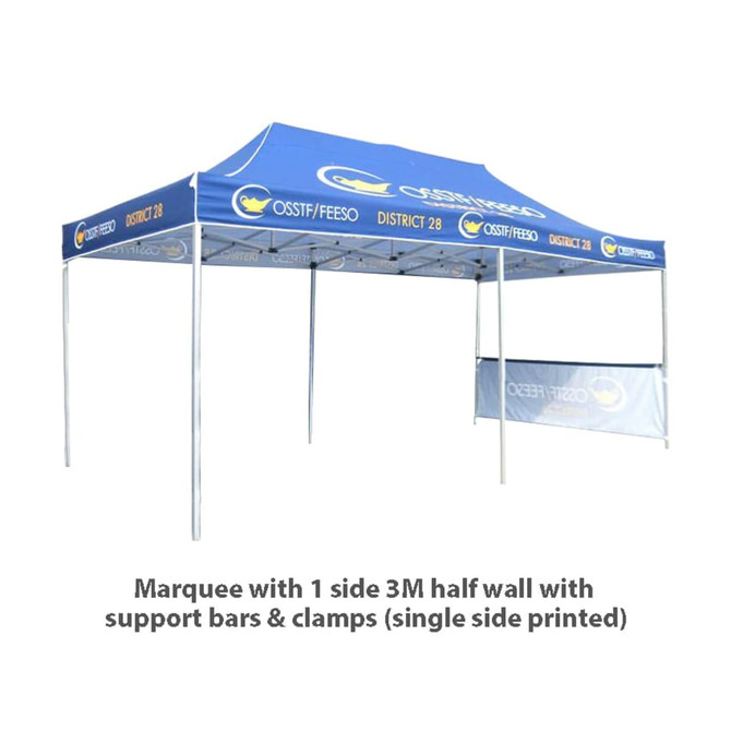 A large blue marquee featuring a half wall on one side, supported by sturdy bars and clamps, with a logo.