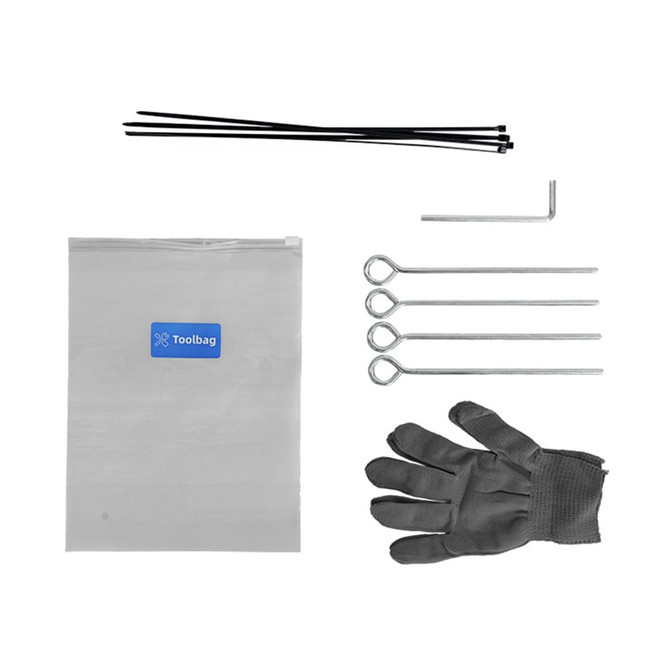 A set of tools including a glove, metal stakes, zip ties, an Allen key, and a clear bag with a logo.