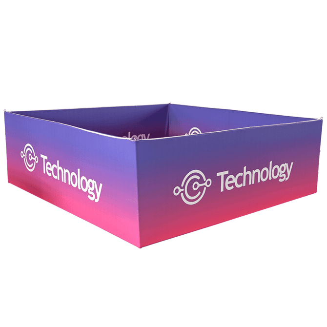 A square hanging banner in gradient purple and pink featuring a logo on the side.