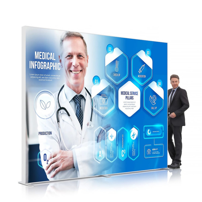 A backlit LED light box display featuring a blue and white design with medical graphics and two figures, one in a doctor's coat.
