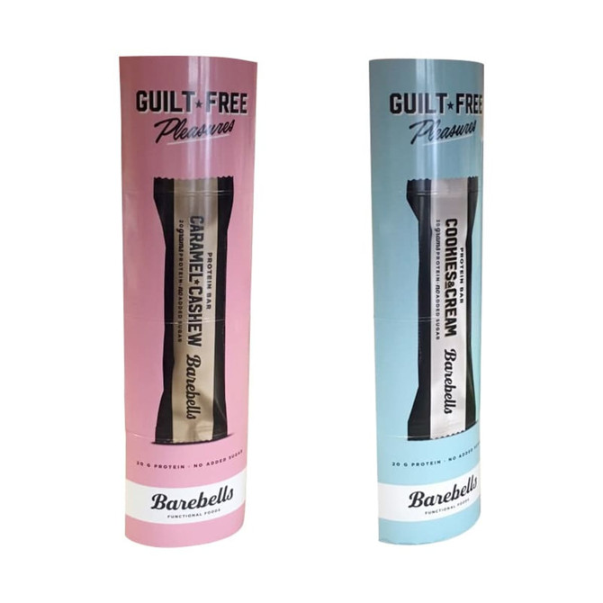 Two cylindrical cardboard displays in pink and blue, featuring a logo, showcasing snack bars inside.