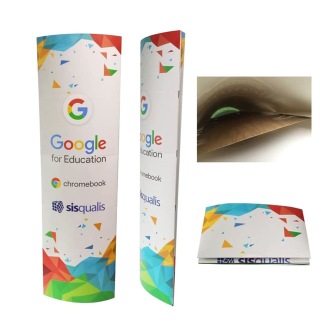 A cardboard display totem with a colourful geometric design, featuring a logo and promotional text.