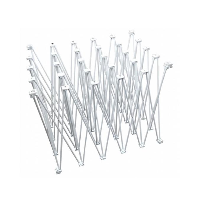 A white, collapsible frame for a pop-up display, featuring multiple interlinked sections arranged in an abstract pattern.