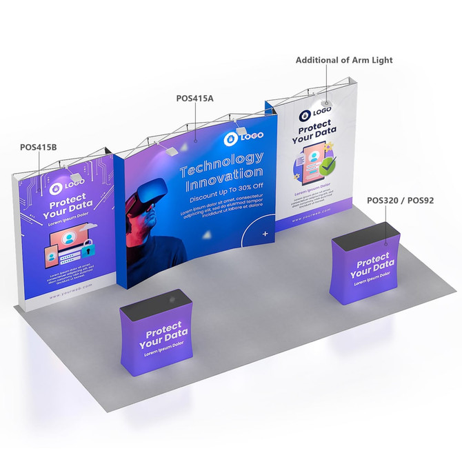 A 1.5m straight pop-up display wall featuring a vibrant design in purple and blue, with promotional text and branding elements.