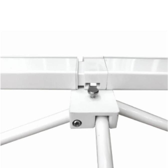 A white connector piece of a display wall, featuring a metal screw and part of a tripod stand.