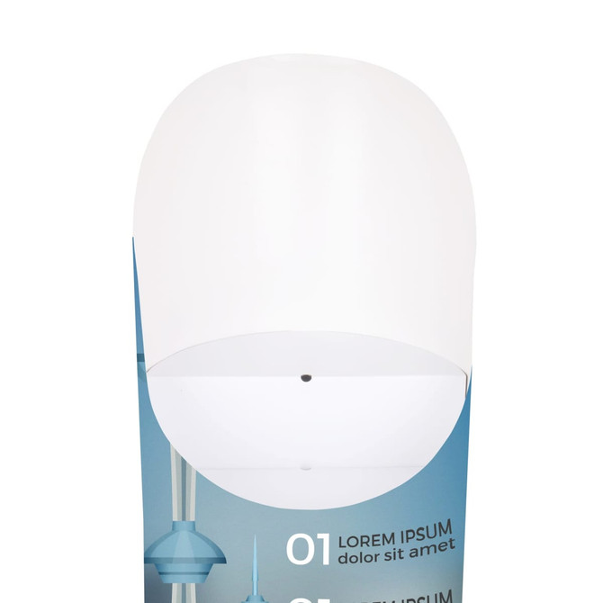 A white cardboard display with a rounded top, designed for product presentation, featuring blue graphic elements.