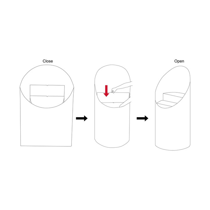 A diagram illustrating the assembly process of a cardboard dump bin, showing closed and open states.