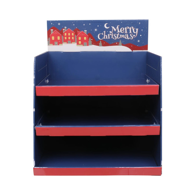 A three-tier counter display in blue and red, featuring a festive Christmas design at the top with a logo.