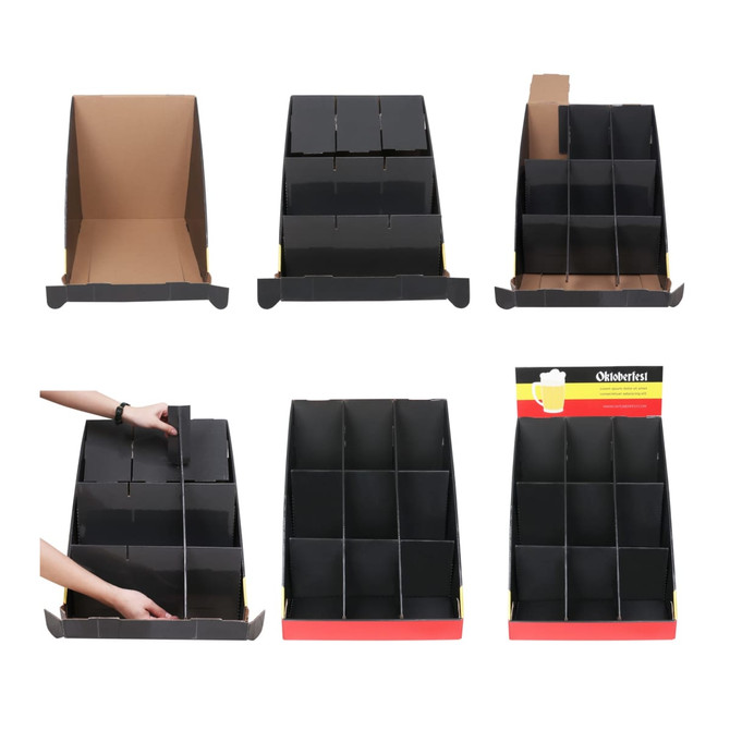 A promotional display unit with multiple black compartments, showcasing various assembly stages and a branding logo.