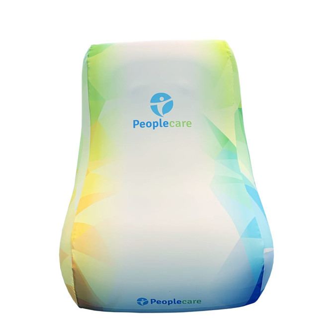 An inflatable lounge chair in green and blue shades features a logo on the front.