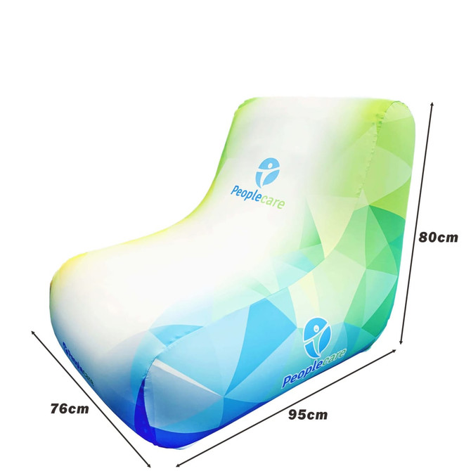 An inflatable lounge chair in gradient shades of green and blue, featuring a logo. Dimensions are indicated.