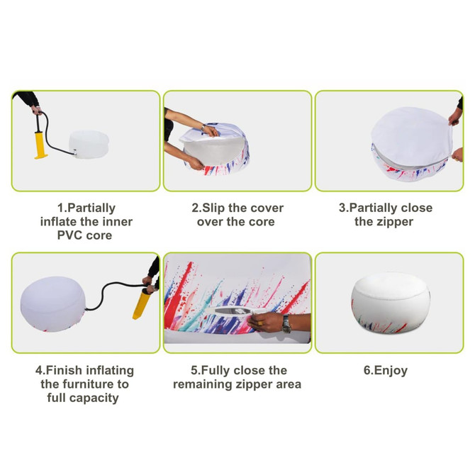 An inflatable ottoman with a colourful design, featuring a white exterior and a zippered cover for easy inflation.