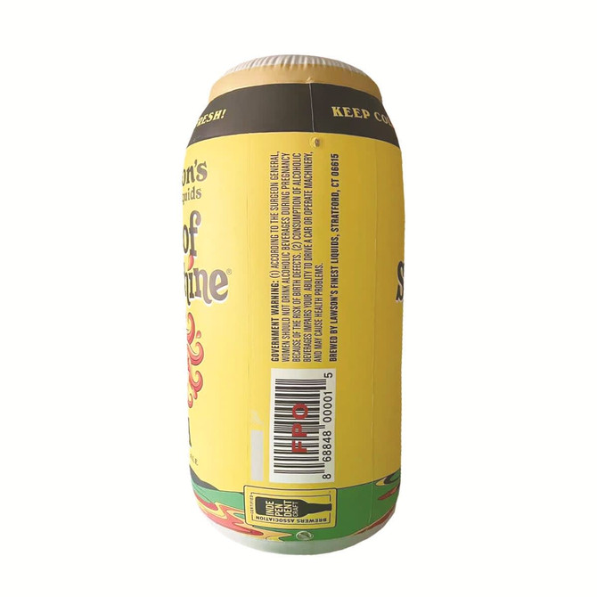 An inflatable can featuring a yellow design with decorative elements. It includes a logo and branding on the surface.