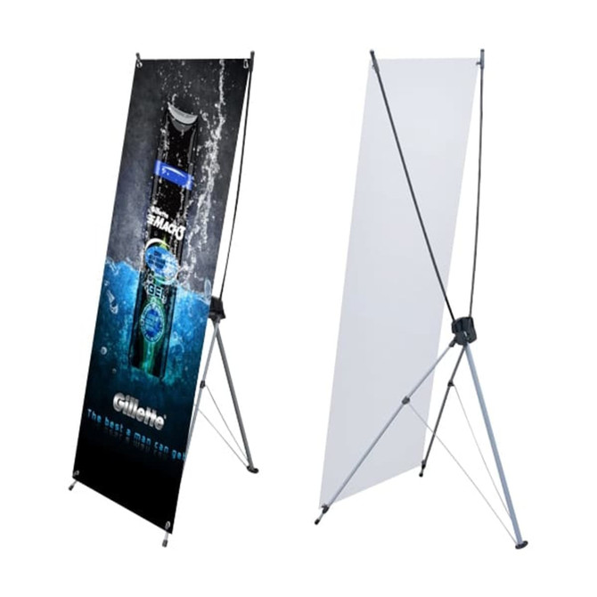 A small X-frame banner featuring a blue and black design, with a drink bottle image and branding, in a stand.