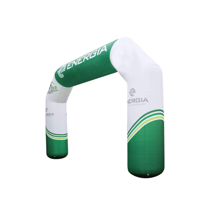 A large inflatable arch in green and white, featuring branding and a curved design suitable for exhibitions and events.