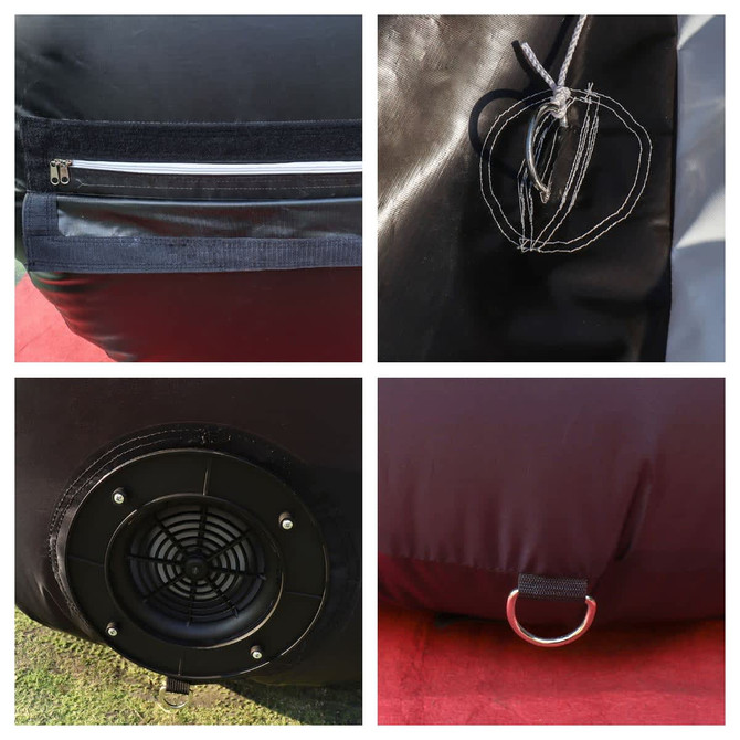 Details of a large inflatable arch showing black fabric, zippers, attachment points, and a fan vent.
