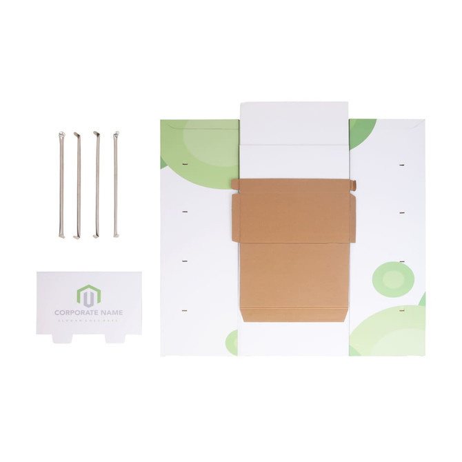 A self-assembly cardboard floor display in white and green, with a brown box, assembly tools, and a branded base.