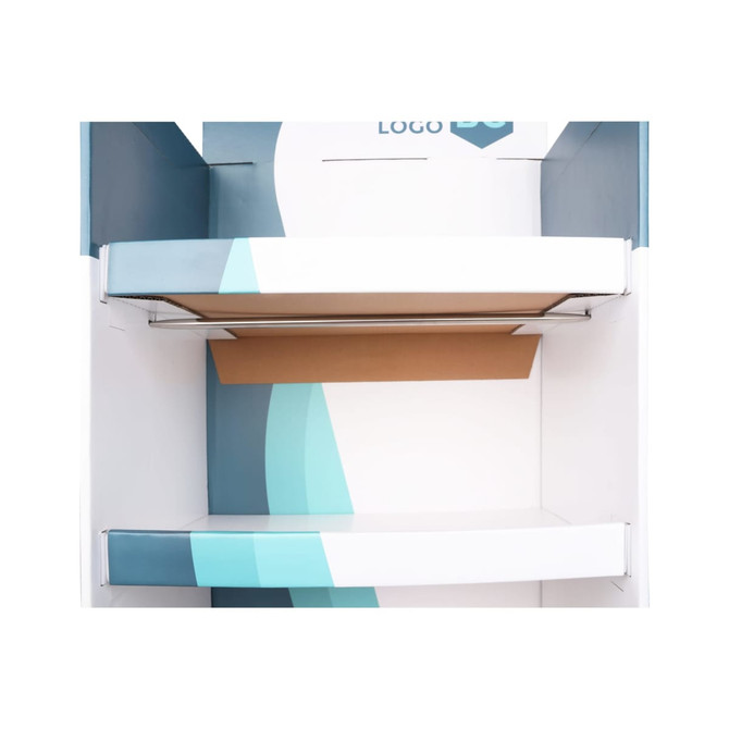A white and teal cardboard floor display featuring two shelves and a logo. The display is designed for self-assembly.