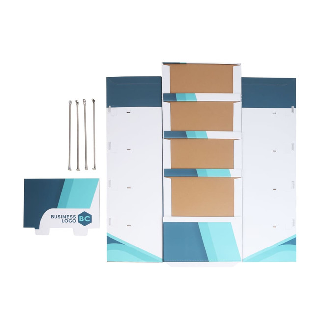 A self-assembly premium cardboard floor display in blue and white, featuring four shelves and a logo plate.