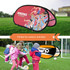 Oval-shaped pop-up banners in red and black, featuring sports-themed designs and a logo, suitable for promotional use.