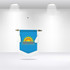 A blue podium flag with tassels and a gold sun graphic, featuring a logo at the centre, hanging in a display.