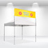 A white square tent with a yellow banner featuring a logo. The tent has a sturdy frame and is set up indoors.