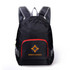 A black backpack with a red zipper pocket and a logo on the front. The straps are grey.