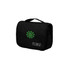 A black travel hanging toiletry bag with a handle and a logo, featuring various accessory icons.