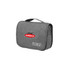 A grey travel hanging toiletry bag featuring a carry handle and a logo, designed for storage and organisation of toiletries.