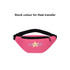 A pink bum bag with a zippered closure and an adjustable black strap. It features a logo on the front.