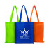 Three non-woven long handle bags in green, blue, orange, featuring a logo on the blue bag.
