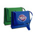 A green and a blue non-woven sling bag with a flap and shoulder strap, featuring a logo on the blue bag.
