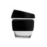 A reusable 8 oz glass coffee cup with a black silicone lid and sleeve. The cup is clear glass with a black accent.