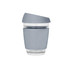 A drink bottle featuring a sleek design in clear glass with a grey silicone sleeve and lid. It includes a logo.