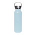 A drink bottle made of stainless steel, featuring a light blue finish and a stainless steel lid with a handle.