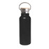 A drink bottle featuring a black exterior and a bamboo lid, with a stainless steel neck and a metal handle.
