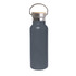 A drink bottle featuring a dark grey finish, double wall vacuum insulation, and a bamboo lid with a metal handle.