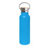 A drink bottle in bright blue with a bamboo lid and stainless steel accent, featuring a handle for easy carrying.