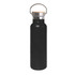 A drink bottle in black with a bamboo lid and metal handle, featuring a branding logo.