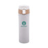 A drink bottle featuring a sleek white design with a brown flip top and a logo. Ideal for keeping beverages hot or cold.