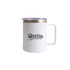 A coloured stainless steel mug in white with a silver rim and a clear lid. It features a logo.