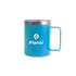 A coloured stainless steel mug in vibrant blue with a logo and a clear lid.