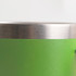 A green stainless steel mug featuring a metallic rim and a smooth surface. It includes a logo.