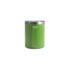 A coloured stainless steel mug in green with a clear lid and a sturdy handle. It features a logo.