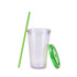 A clear plastic cup with a green lid and straw, suitable for drinks.