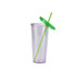A clear plastic cup with a green lid and straw, designed for drinkware use. It features a logo.