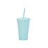 A mint green 16oz matte plastic cup with a lid and straw, featuring a simple design and a logo.