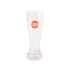 A clear glass beer glass featuring a logo, with a curved design and sturdy base.