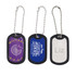Three dog tags featuring different designs, each with a black rubber silencer and attached to a silver ball chain.